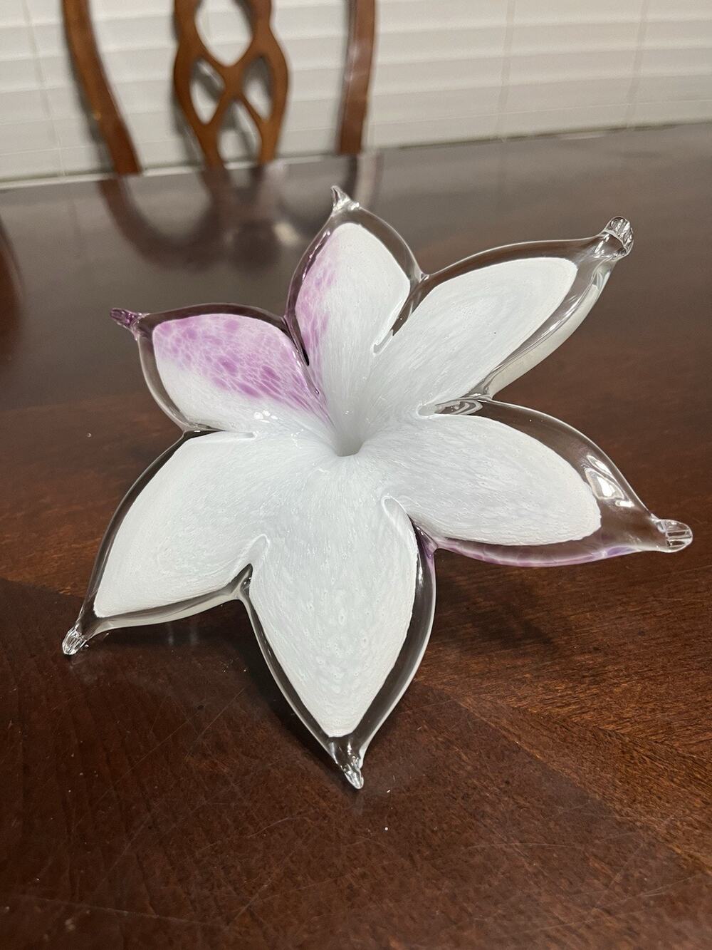 Hand Blown Glass Murano Flower With Purple And White Color Tones Italy